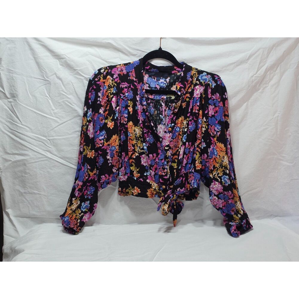 RACHEL Rachel Roy Black Floral Tie-Front Crop Blouse Women's S